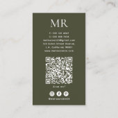 Legergroene monogram, QR-code en sociale media een Visitekaartje (Achterkant)