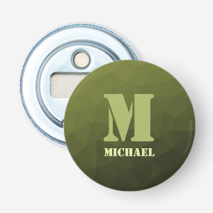 Legergroene olijf geometrisch meshpatroon Monogram Button Flesopener