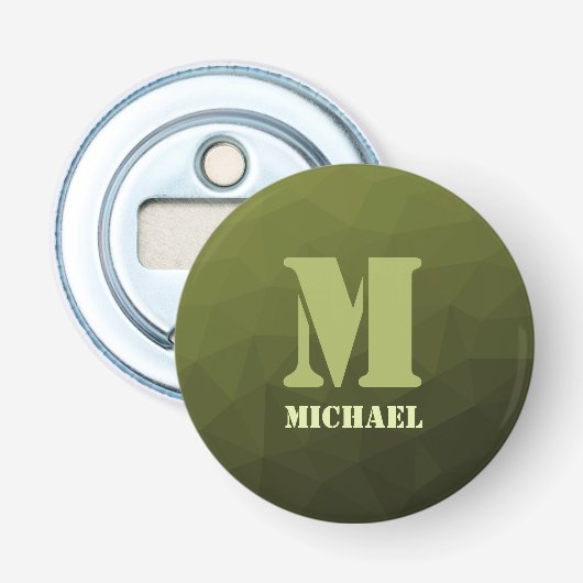 Legergroene olijf geometrisch meshpatroon Monogram Button Flesopener (Voorkant)