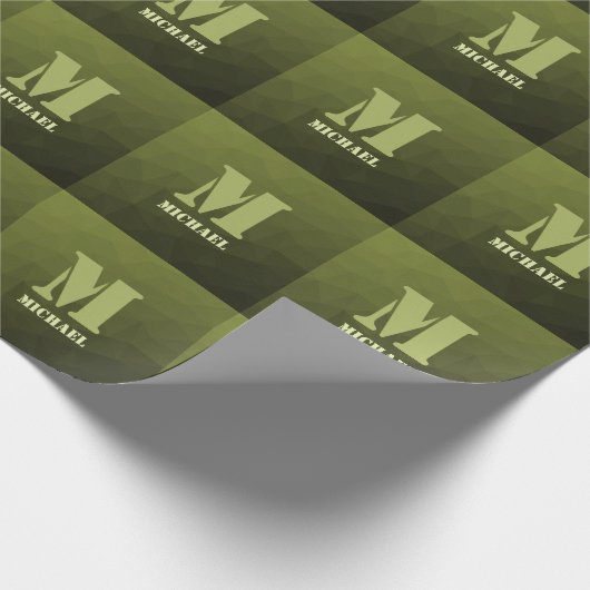 Legergroene olijf geometrisch meshpatroon Monogram Cadeaupapier (Hoek)