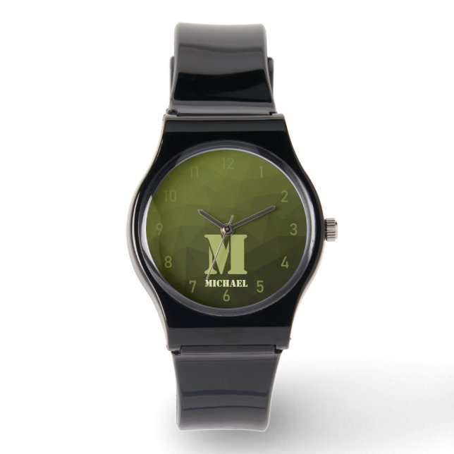 Legergroene olijf geometrisch meshpatroon Monogram Horloge (Voorkant)