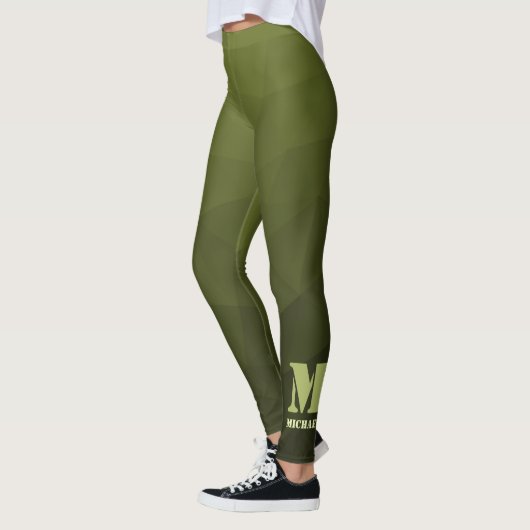 Legergroene olijf geometrisch meshpatroon Monogram Leggings (Links)