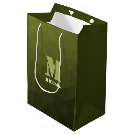 Legergroene olijf geometrisch meshpatroon Monogram Medium Cadeauzakje (Voorkant Gekanteld)