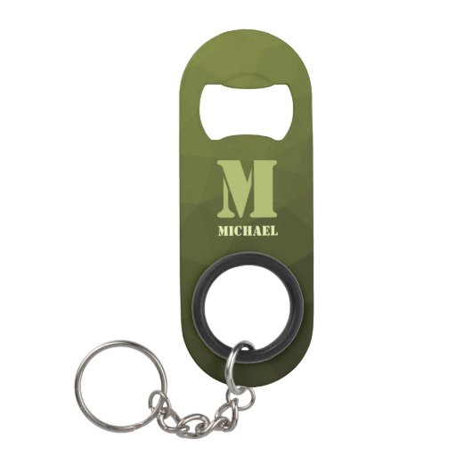 Legergroene olijf geometrisch meshpatroon Monogram Mini Flessenopener (Voorkant)