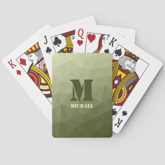 Legergroene olijf geometrisch meshpatroon Monogram Pokerkaarten (Achterkant)