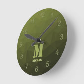 Legergroene olijf geometrisch meshpatroon Monogram Ronde Klok (Hoek)