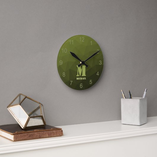 Legergroene olijf geometrisch meshpatroon Monogram Ronde Klok (Kantoor)