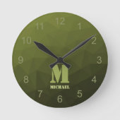 Legergroene olijf geometrisch meshpatroon Monogram Ronde Klok (Voorkant)