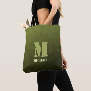 Legergroene olijf geometrisch meshpatroon Monogram Tote Bag