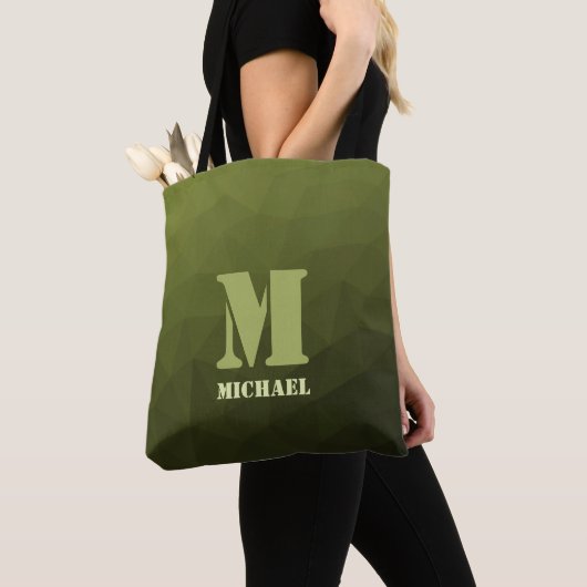 Legergroene olijf geometrisch meshpatroon Monogram Tote Bag (Dichtbij)