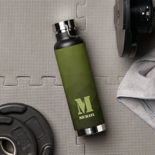 Legergroene olijf geometrisch meshpatroon Monogram Waterfles (Gym)