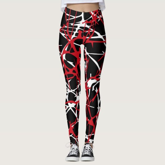 Leggings, abstract ontwerp, zwart, wit, rood leggings (Voorkant)