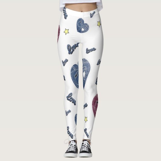 Leggings blanco con corazones de azul jeans (Voorkant)