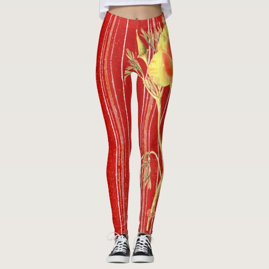 Leggings BLOEMSTREPEN PAPAVERS, ROOD GESTREEPT (Voorkant)