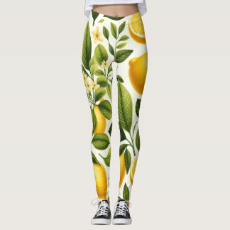 Leggings - Citroenen, groene bladeren, bloemen