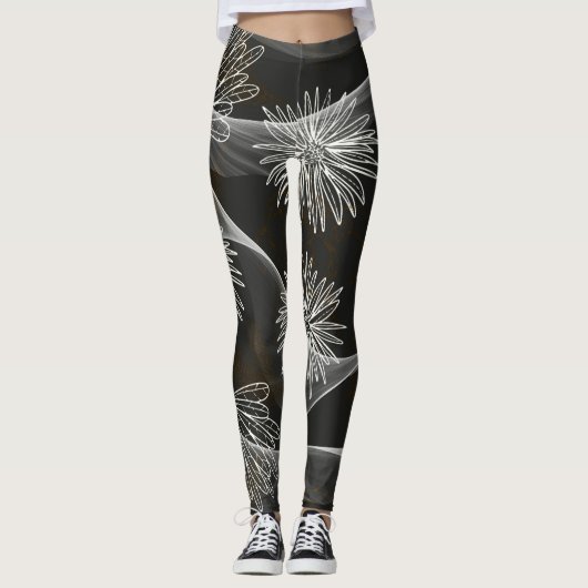 Leggings Donker met Big White Flowers & Swirls (Voorkant)