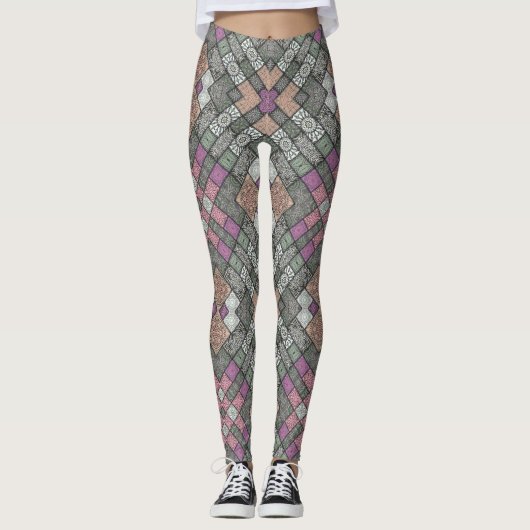 LEGGINGS - Grijs-roze-bruin Mandala Design (Voorkant)