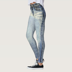 Leggings met all-over print en distressed wash jea