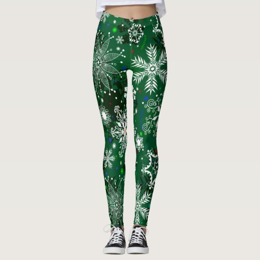 Leggings met een groene kerstsneeuwvlok (Voorkant)