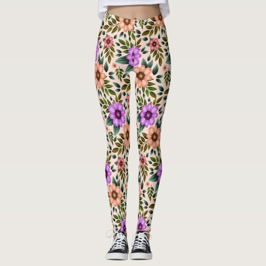 Leggings met levendig bloempatroon in paars (Voorkant)
