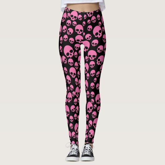 Leggings roze zwarte Willekeurige Skulls Pattern (Voorkant)