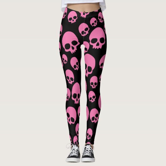 Leggings roze zwarte Willekeurige Skulls Pattern (Voorkant)