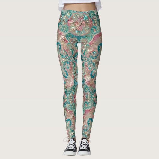 Leggings ~ Schelpen Turkoois Roze ~ (Voorkant)