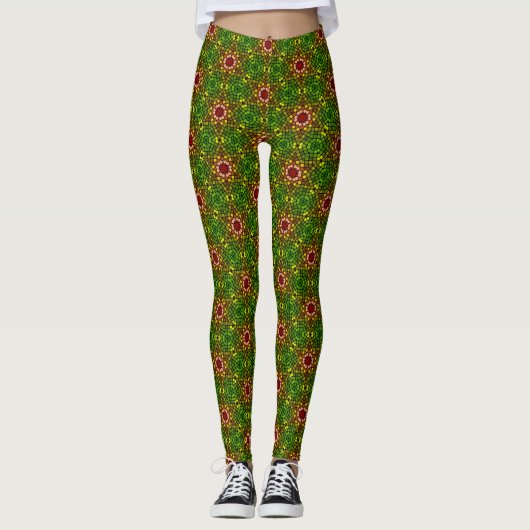 Leggings van het patroon van groene en rode mozaïe (Voorkant)