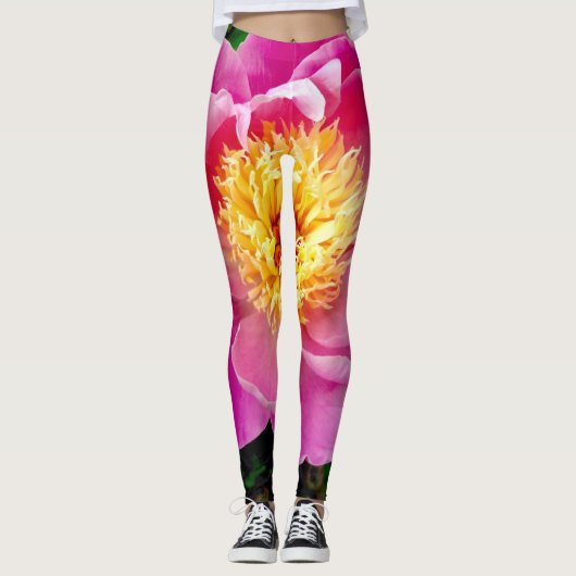 Leggings van roze en geel Dahlia Floral (Voorkant)