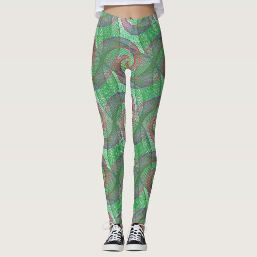 LEGGINGS - Violet Swirls Over Green Swirl Design (Voorkant)