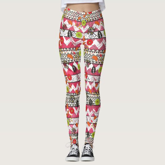 Leggings voor roze en zwarte Floral Aztec Pattern (Voorkant)