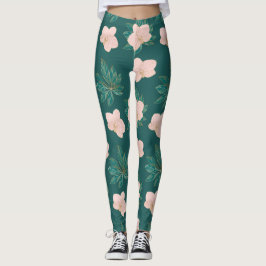 Leggings vrouw met bladeren goud en roze