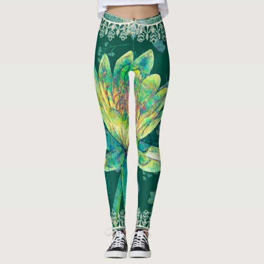 Leggings, Wild Hunter Green Water Lily Leggings (Voorkant)