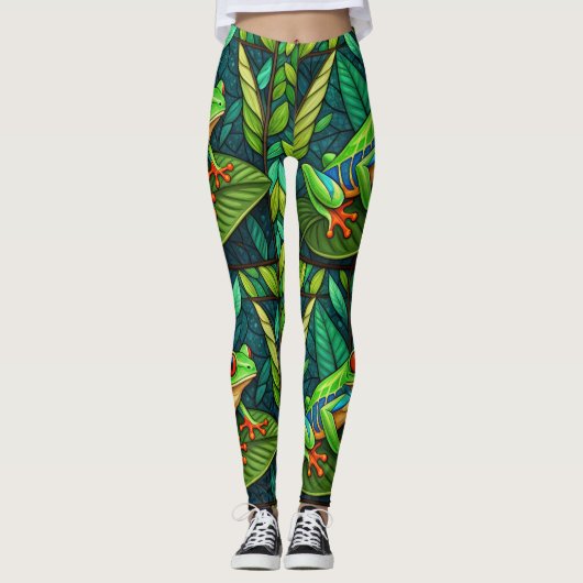 Leggings with vibrant green leaves and colorful  (Voorkant)