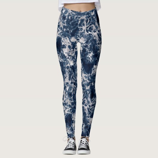 Leggings Women - Blue and Silver Marble Pattern (Voorkant)