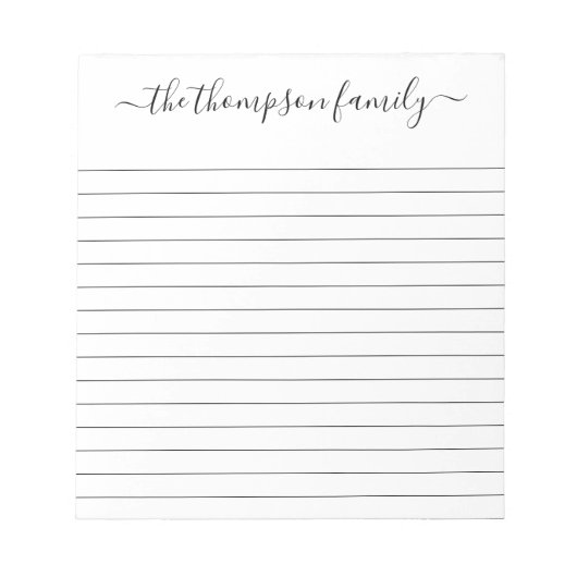 Legitieme Simple Black White Script Family Name Notitieblok (Voorkant)