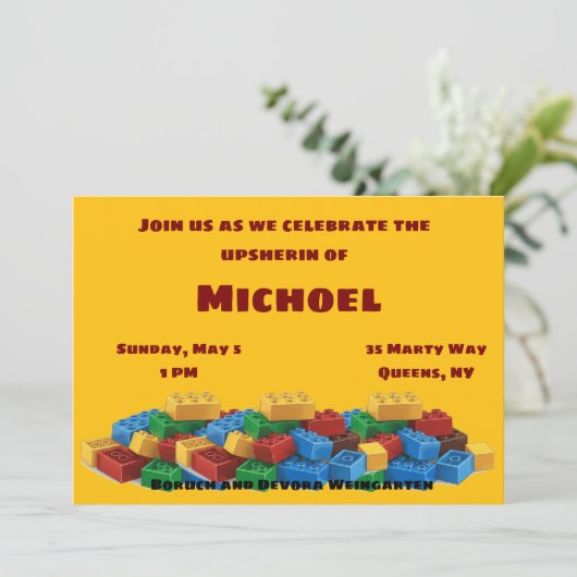 Lego upsherin-uitnodiging kaart (Staand voorkant)