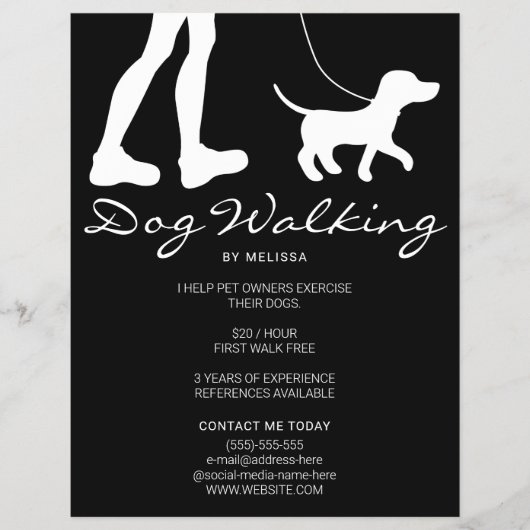 Legs & Dog Silhouette op Black Dog Walker Business Flyer (Voorkant)