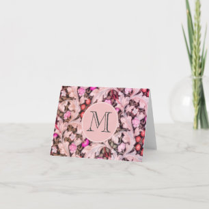 Leicester Pink  Floral Monogrammed Notitiekaartje