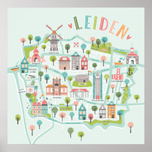 Leiden City Illustrated Kaart op muntachtergrond Poster