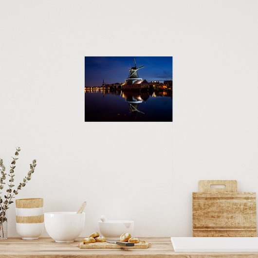 Leidschendam windmill with reflection at night poster (Keuken)