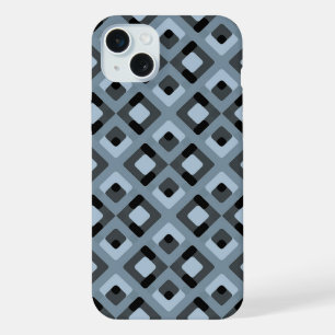Leigrijs Blauw Zwart Midcentury Vierkanten Patroon iPhone 15 Plus Case