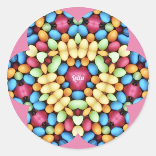 LEILA ~ PAASEIEREN VEELKLEURIG ~ RONDE STICKER (Voorkant)