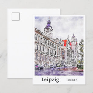 Leipzig Duitsland Reizen Waterverf Hand getekend Briefkaart