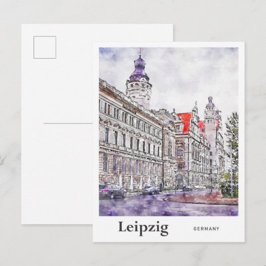 Leipzig Duitsland Reizen Waterverf Hand getekend Briefkaart (Voorkant / Achterkant)