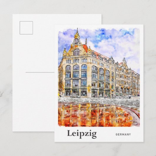 Leipzig Duitsland Reizen Waterverf Hand getekend Briefkaart (Voorkant / Achterkant)