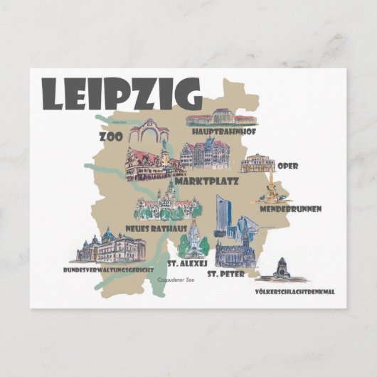 Leipzig Duitsland - Retrokaart met aantrekkingen Briefkaart (Voorkant)