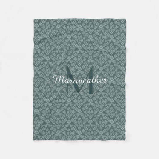 Leisteen Blauwgroen Floral Damask Fleece Blanket (Voorkant)