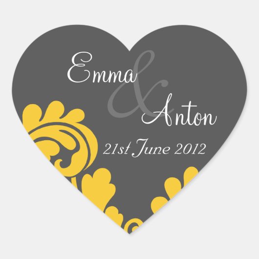 leisteen grijs & geel damask Save the date sticker (Voorkant)