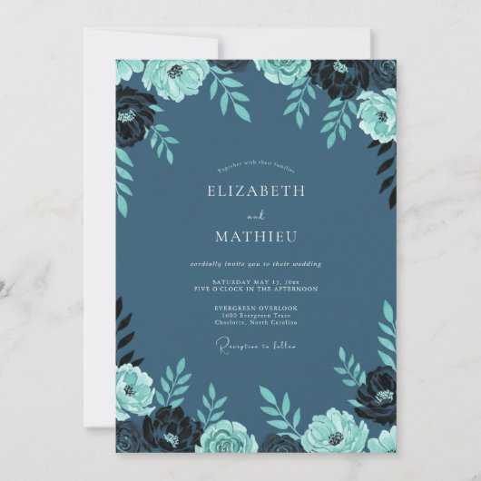 Leisteen Teal Ranunculus Eucalyptus Bruiloft Kaart (Voorkant)